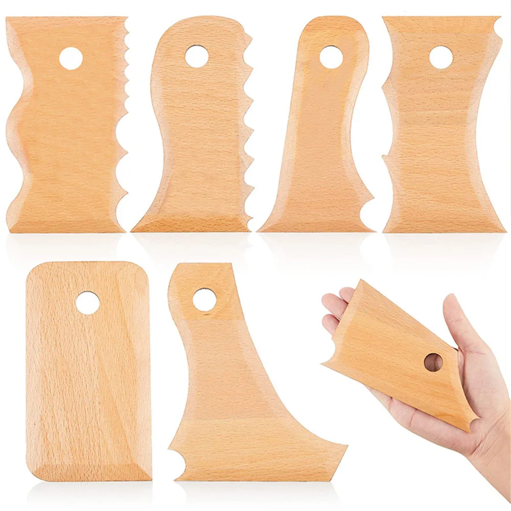 7 PCS Pottery Trimming Tools Pottery Clay Foot Shaper Tools Wooden Texture Profile Rib Bundle Foot Shaper Hand Tool