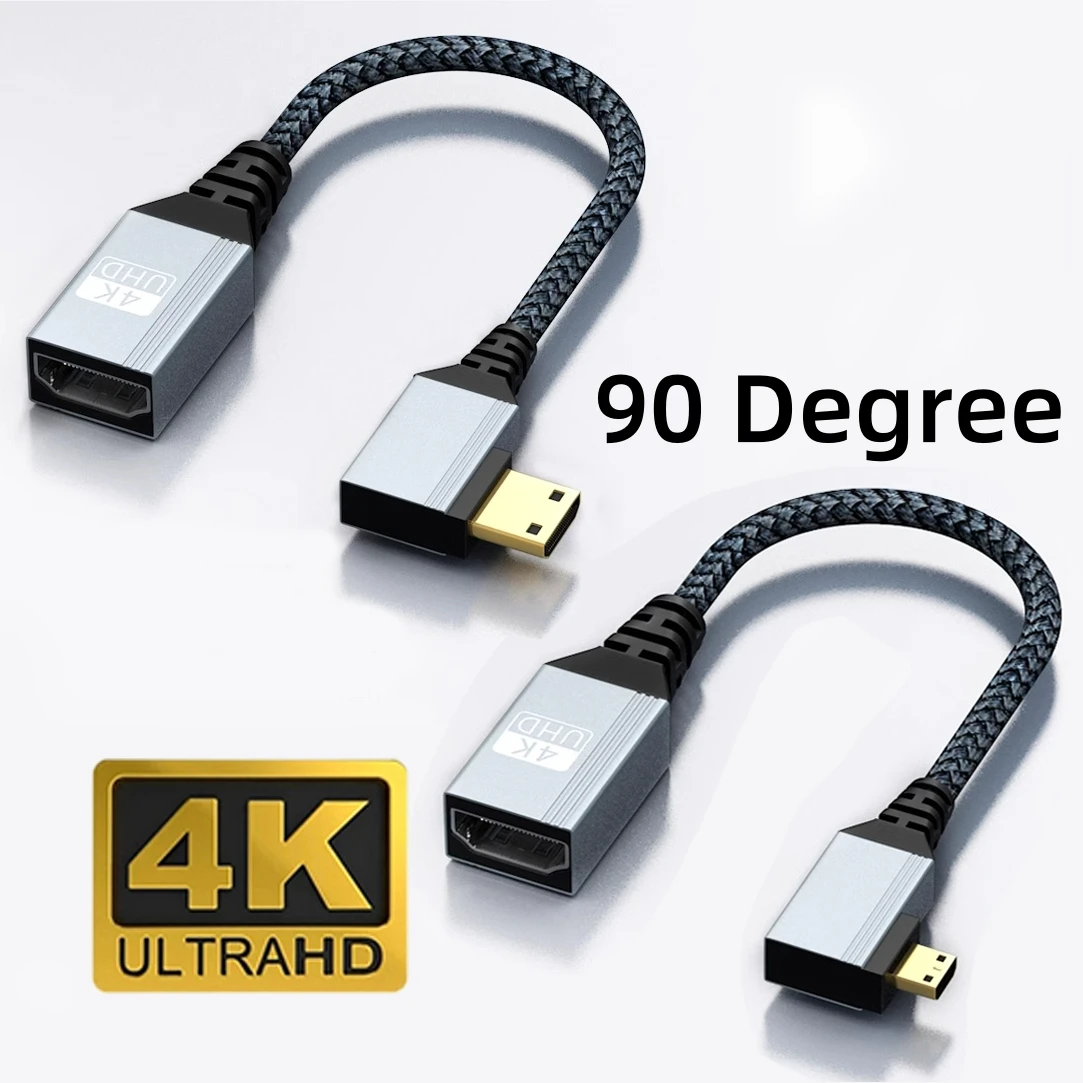 4K UHD V2.0 Cable 90 Degree Mini/Micro HDMI-compatible Male to HDMI-compatible Female Adapter Extension Cord for DSLR Camcorder