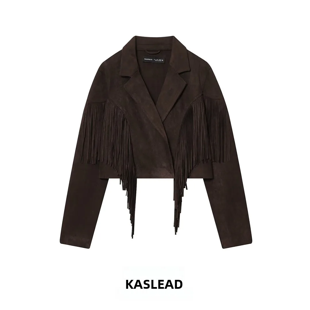 

KASLEAD Faionable Jaet из искусственной замши с кисточками, женское универсальное пальто Sli, двубортное пальто из полиэстера Long Sve