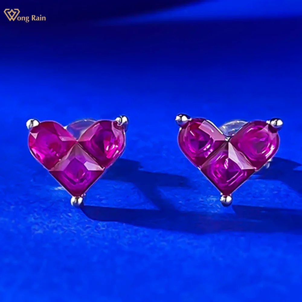 

Wong Rain Simple 100% 925 Sterling Silver Ruby Gemstone Fashion Love Heart Ear Studs Earrings Fine Jewelry Girls Gifts Wholesale