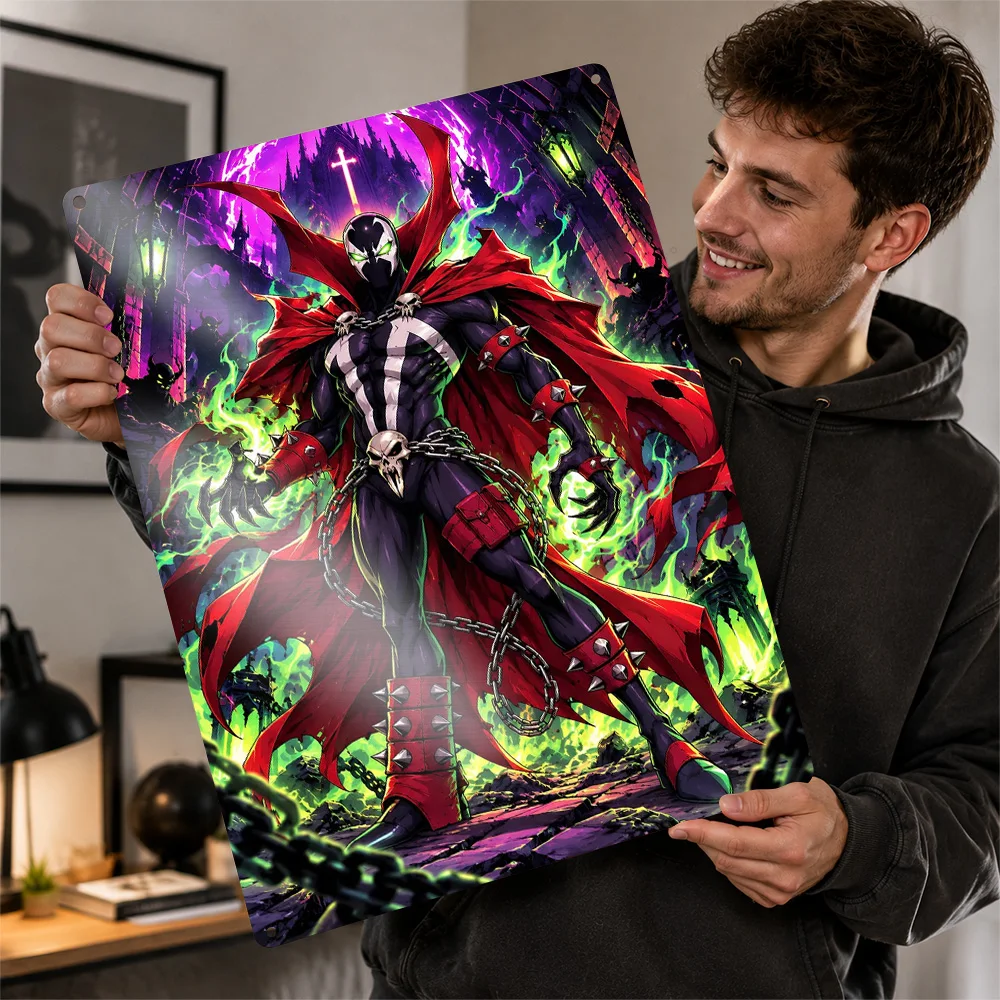 Spawn In Flaming Cathedral Printed Poster Comic Wall Art For Home Theater Personalized Aluminum Metal Sign Superhero Fan Gift