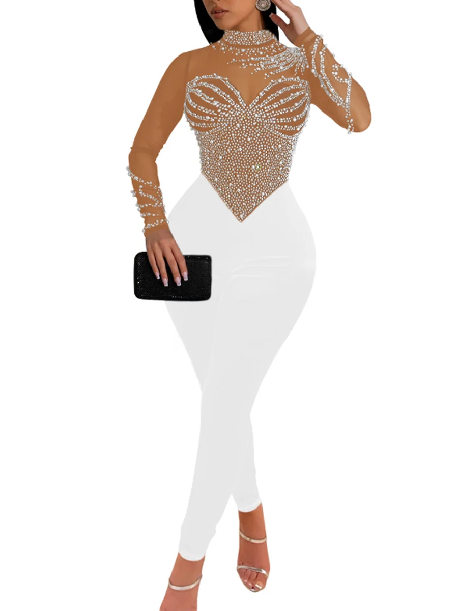 

Женский комбинезон с жемчугом и стразами, сетчатый, прозрачный, облегающий, цельный.