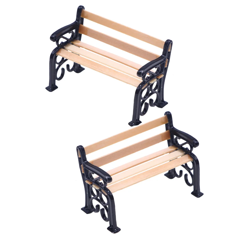 

2 Pcs Miniature Park Bench Furniture Lattice Iron Small Wooden Benches Model