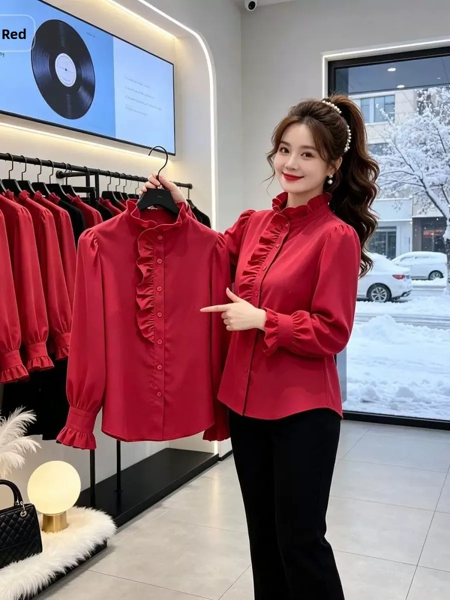 Elegant Red Loose Fit Women's Shirt with Wood Grain  Half High Collar French Style Autumn Fashion Casual Chic Blouse