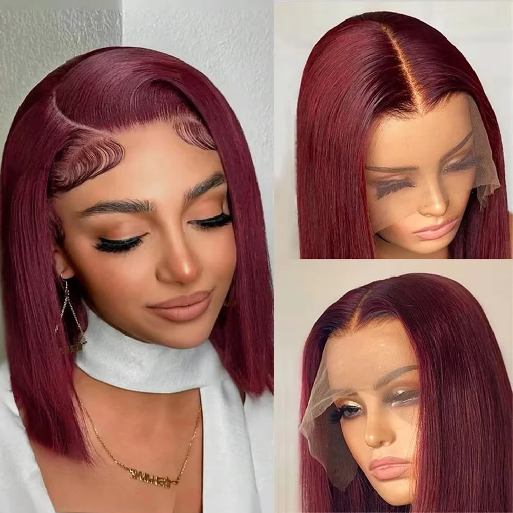 

99J Burgundy Human Hair Wig Bob Straight 13x4 HD Lace Frontal 100% Human Hair Brazilian Short Bob 220% Density Wigs For Women
