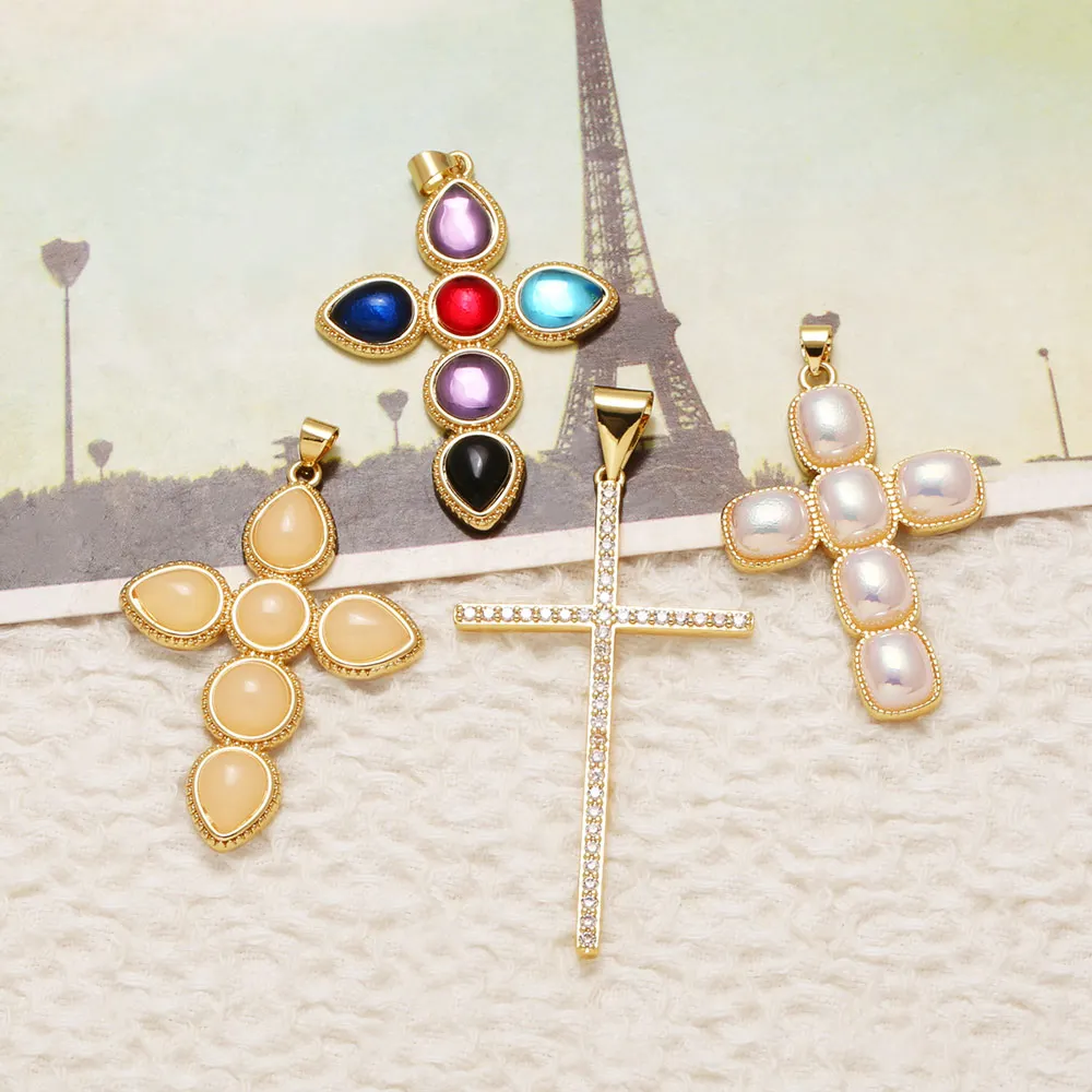 OCESRIO White Crystal Big Cross Pendant for Necklace Copper Gold Plated Faux Pearl Crucifix Jewelry Making Supplies pdta319