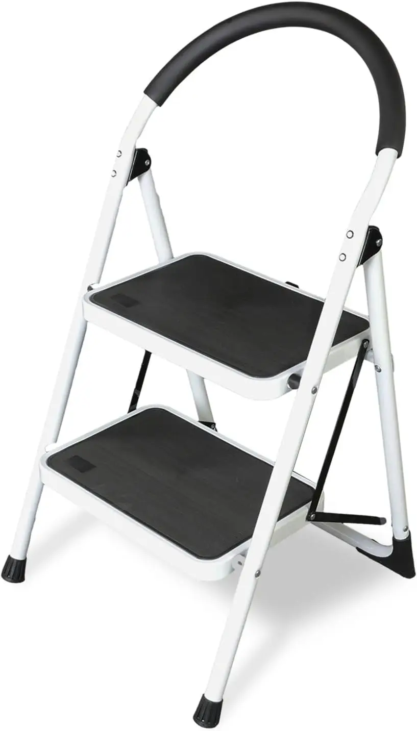 

2 Step Ladder: Ergonomic Folding Stool with Anti-Slip Pedal, Step Stool with Padded Handle for Kitchen, Household, Offi