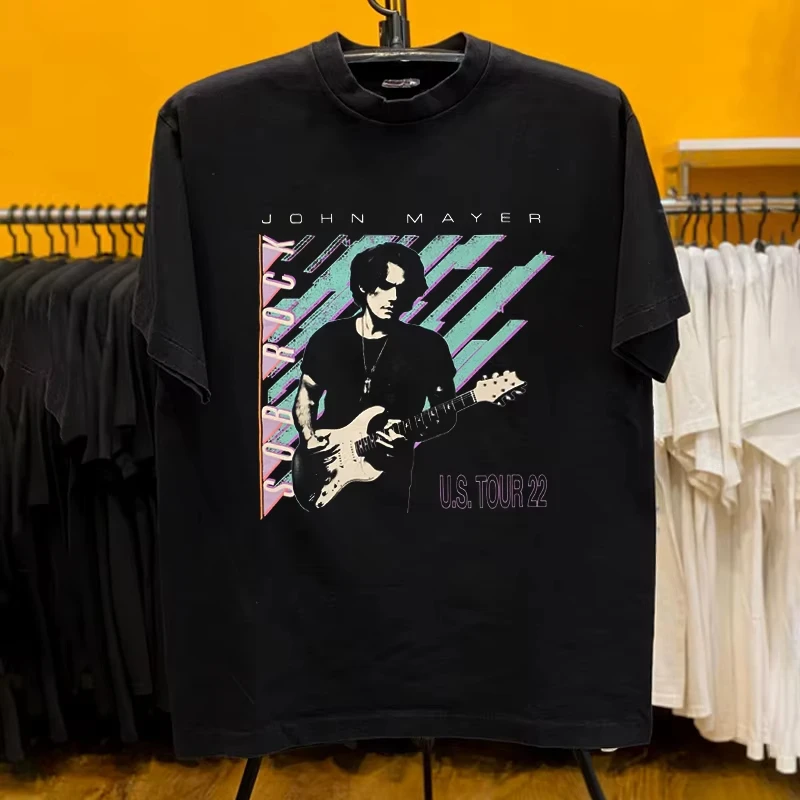 جون ماير جون ماير المغني المشارك نمط Ins العصرية العلامة التجارية الكتف تي شيرت عامي كاجي ريترو قصيرة الأكمام الصيف