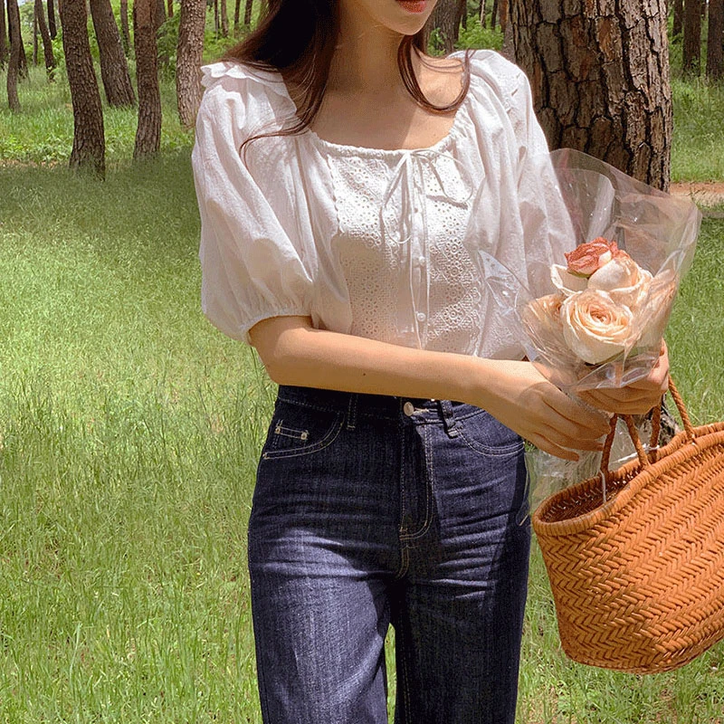 Chic à volants Patchwork col carré nœud papillon bulle Sve haut femmes ample blanc ort Sve irt été coréen Sle trajet