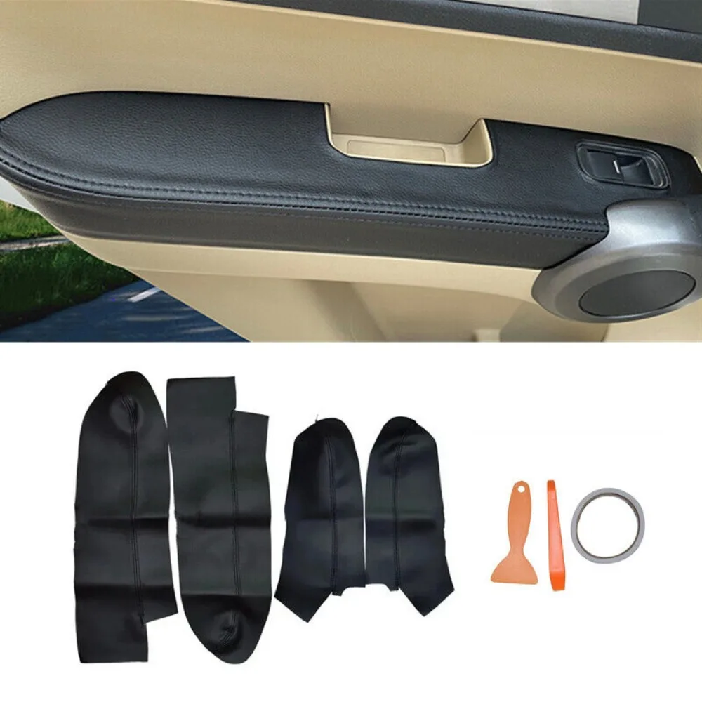 4Pcs Soft Leather Door Armrest Cover For Honda CRV CR-V 2007-2011 Black Car Door Armrest Panel Skin Cover Trim Accessories