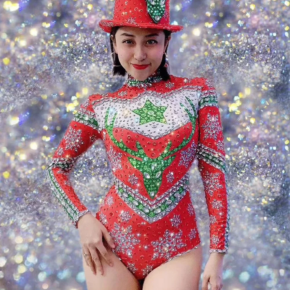 Women Sparkling Diamonds Snowflake Elk Print Christmas Bodysuits Costumes Hat Evening Prom Nightclub Birthday Outfit