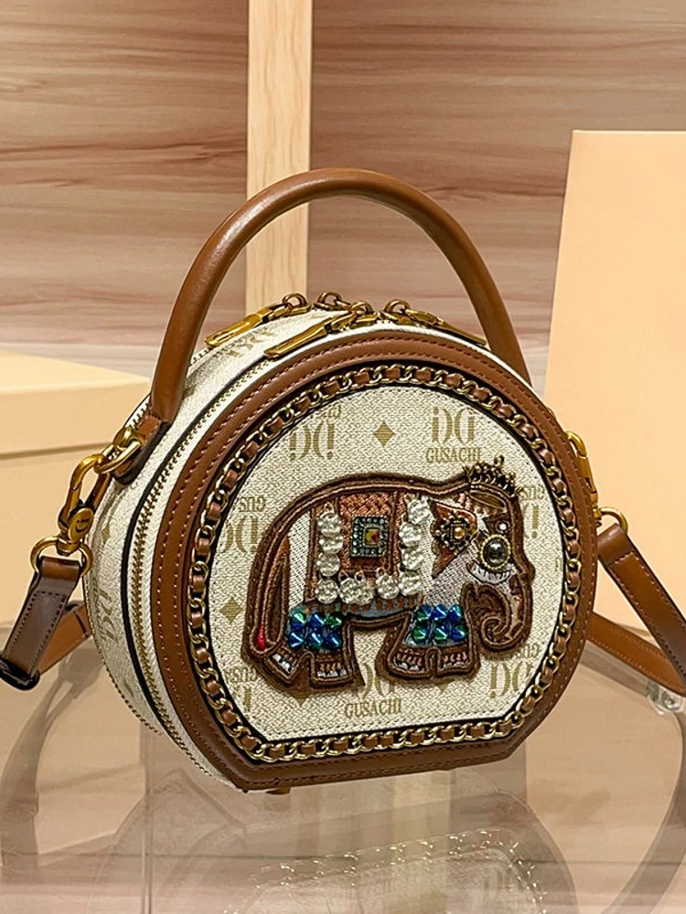 Elegant Elephant Pattern Embroidered Handbag Women's Fashion Small round Bag Shoulder Crossbody Bag High End Luxury Feel