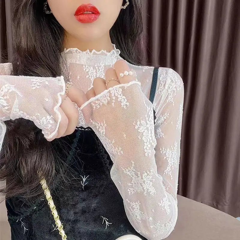 

Модный кружевной ажурный женский топ с длинным рукавом, приталенная базовая футболка, новинка ранней осени, универсальная верхняя одежда, футболка-лонгслив.