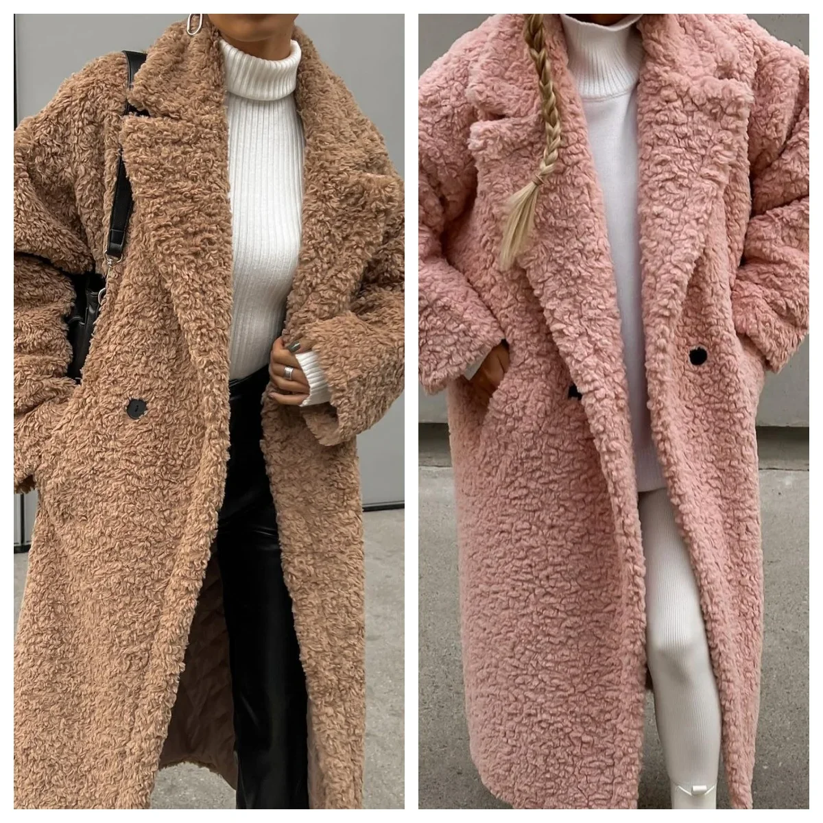 Lambswool Long Coat Women Autumn Winter Thick Warm Lapel One Button Female Overcoat New Fashion Loose Pockets Lady Outwear