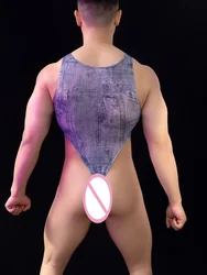 Body erótico Sexy para hombre, ropa interior transparente de corte alto con bulto, Top sin mangas, medias Sissy Gay, lencería, Tops