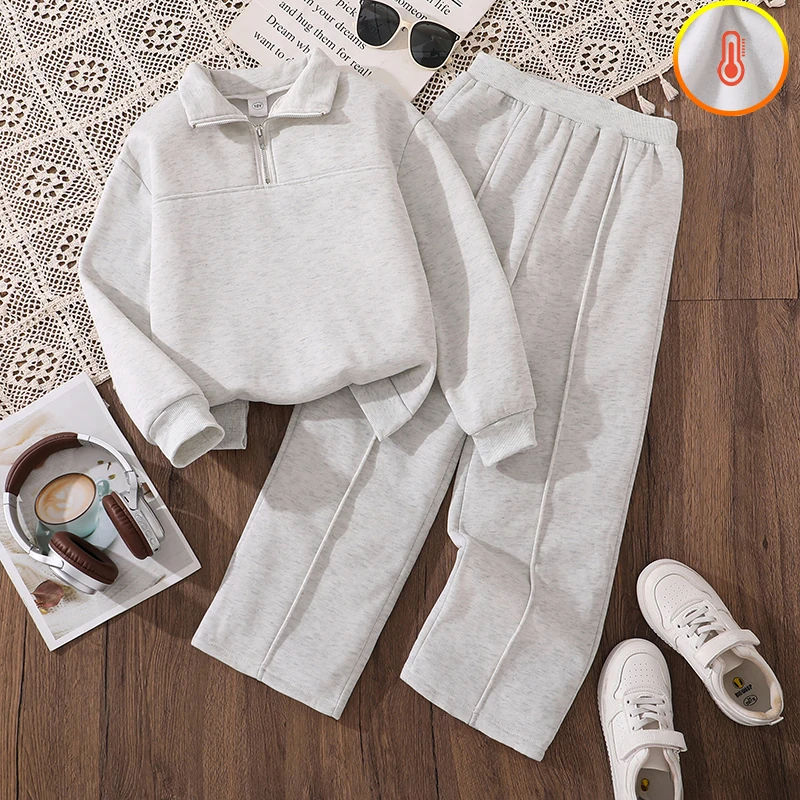 Girls 8-12 Heather Gray Set, Half-Zip Sweatshirt & Wide Leg Pants. Soft Skin-Friendly Fabric, Comfy for School, Sports and Daily