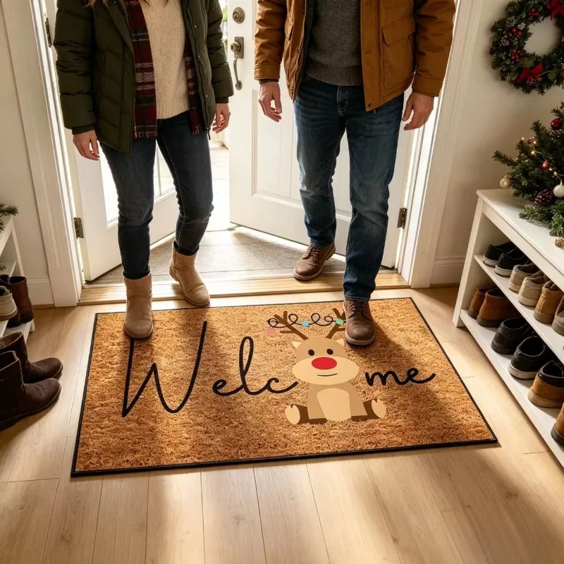 Christmas Welcome Door Mat, Holiday Decor, Carpet and Mats for Indoor and Outdoor Entrances, Non-slip, Machine Washable