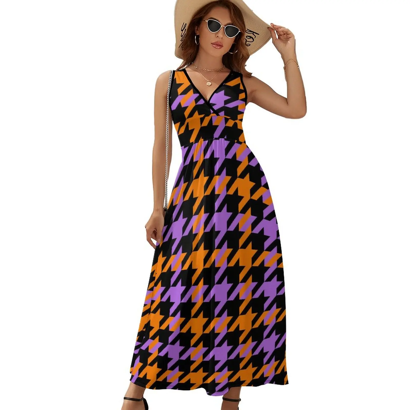 

Houndstooth Check Dress Classic Dog Tooth Trendy Maxi Dress V Neck Design Bohemia Long Dresses Street Style Oversize Vestidos