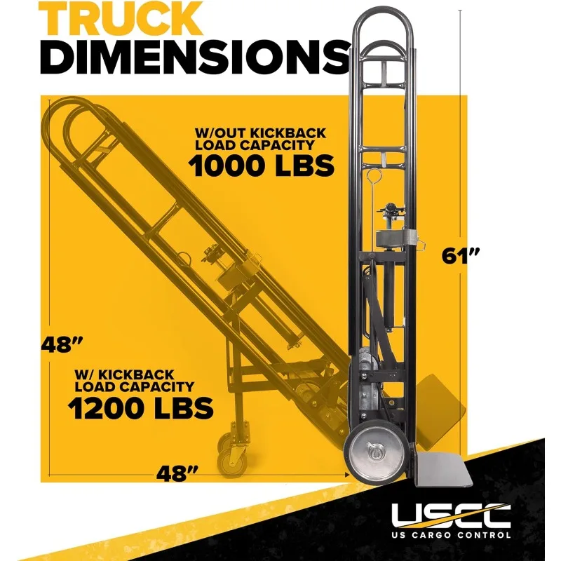 US Cargo Control Appliance Truck with Kickback - Industrial Steel Appliance Hand Truck, 1,200 LBS. Capacity, with Single Auto