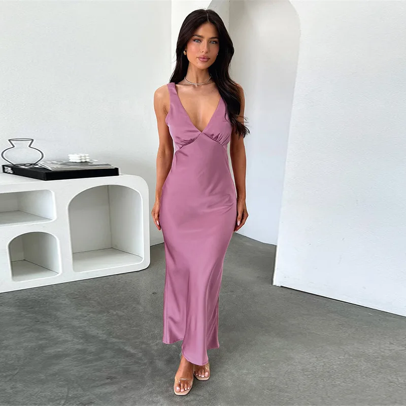 

Autumn New Long Skirt, Socialite Style, Sexy And Slim Fit, V-Neck Satin Dress