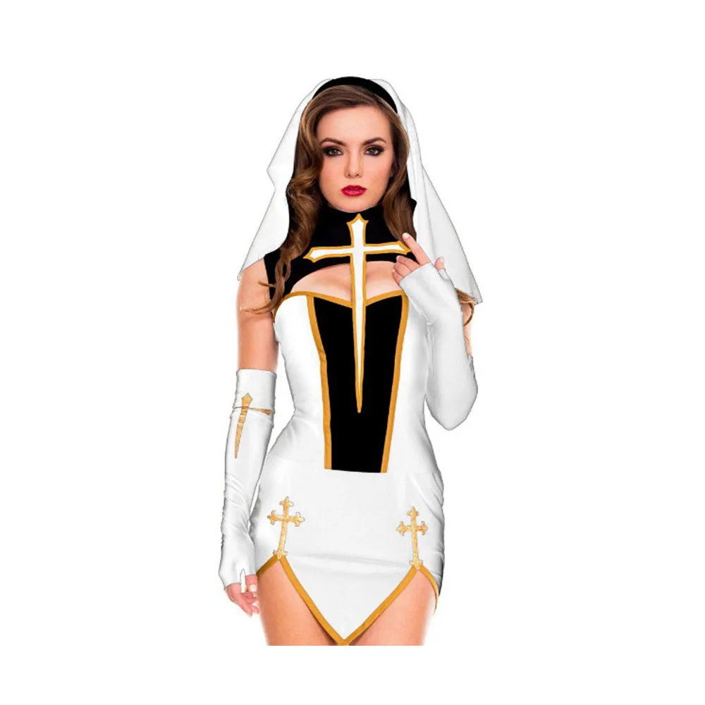 Vestido de noche Sexy para mujer, disfraz de monja superior disfraz de carnaval Halloween iglesia convento religioso Cosplay