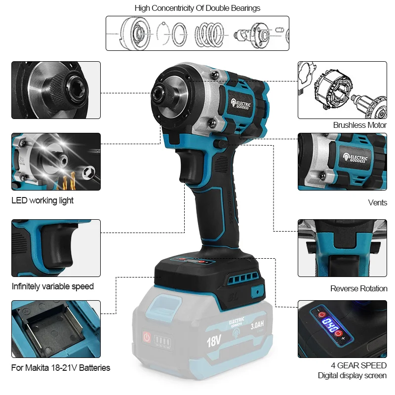 Electric Goddess Brushless Electric Impact Screwdriver Cordless Multifunctional Rechargeable Power Tool For Makita 18V Battery