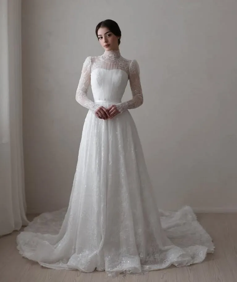 

2025 Modern Princess Muslim Wedding Dresses High Neck Full Lace Applique Buttons Back Customsized Bride Wear Wedding Gown