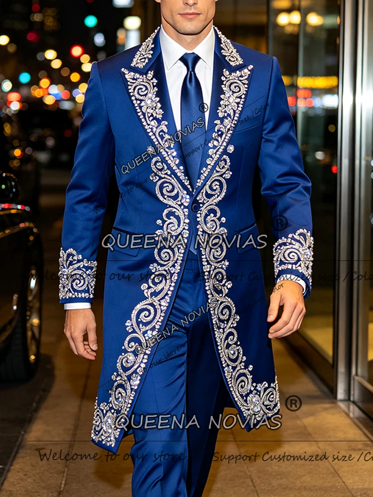 Brilliant Solid Long Suit Men For Wedding Sliver Rhinestone Beaded Jacket Pants 2 Pieces Sets GroomTuxedo Customized Ropa Hombre