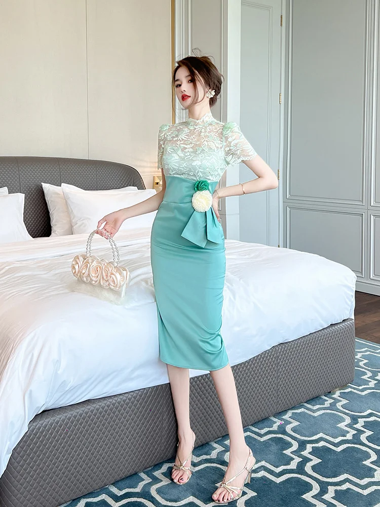 

Элегантная юбка-карандаш с высокой талией и кружевными вставками из шелкового атласа для женщин, подчеркивающая фигуру, летняя мода