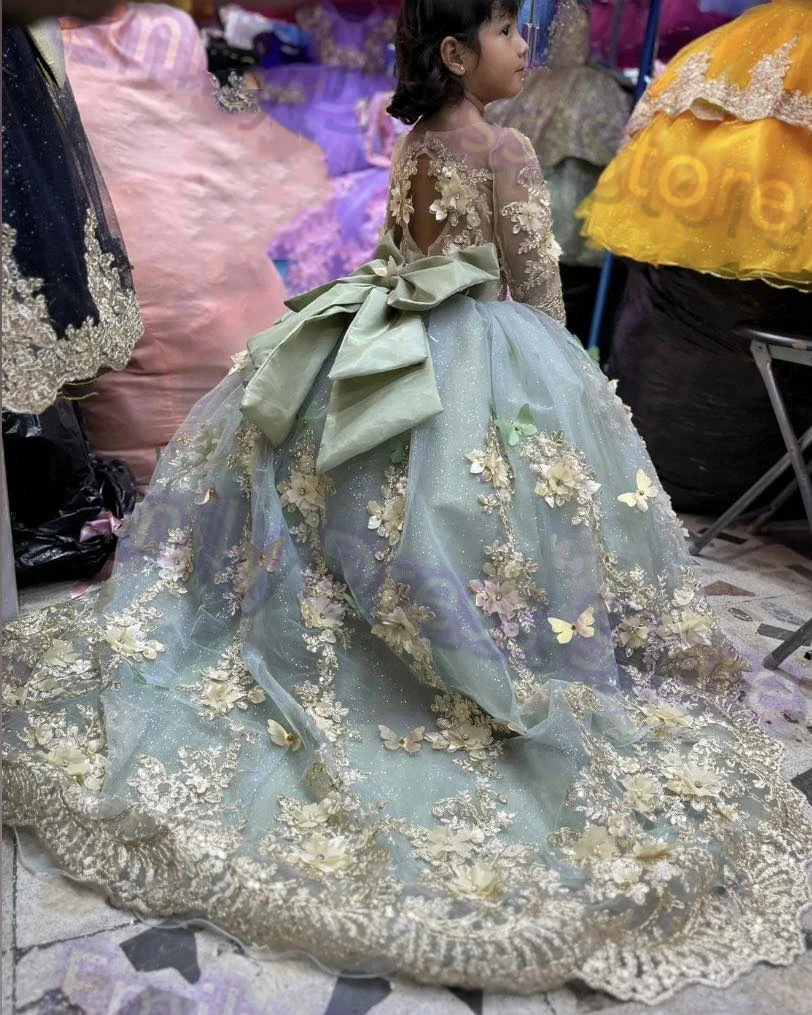 

Зеленое платье с цветочным узором для девочек по индивидуальному заказу на свадьбу, тюлевое платье с аппликацией и длинными рукавами, кружевное пышное платье, платье для первого причастия на день рождения