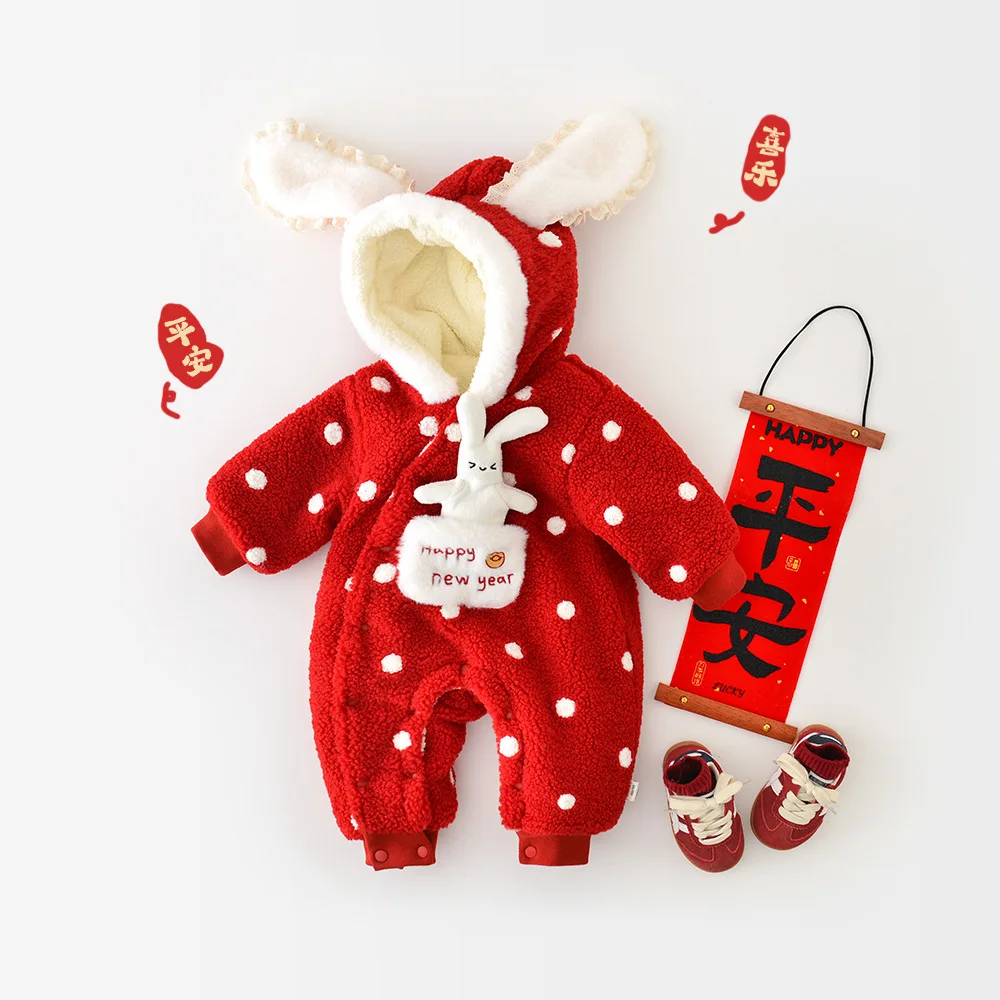 

Christmas Day Newborn Girls Rompers 2025 Winter Add Fleece Kids Baby Girls Jumpsuits Rabbit Hooded Toddler Girls Bodysuits