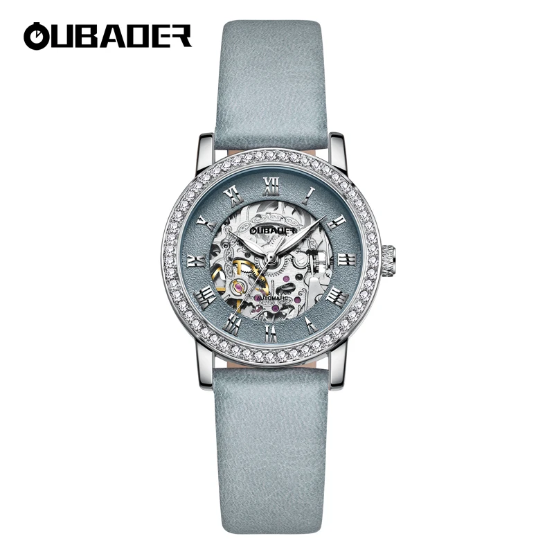 OUBAOER Fashion Casual Luxury Watch for Women Skeleton Automatic Mechanical Leather Belt Ladies Dress Wristwatches