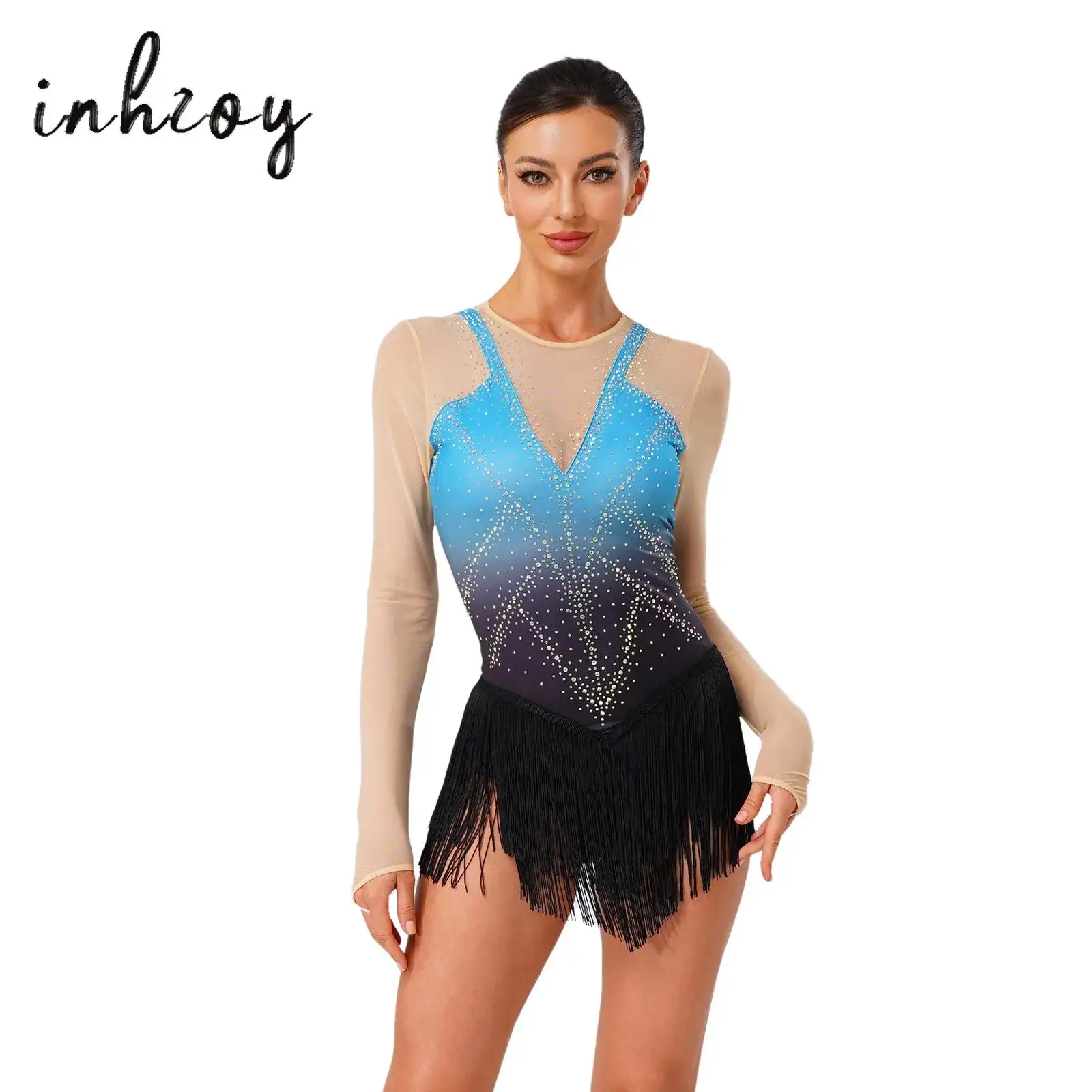 

Womens Lyrical Dance Leotard Dress Glittery Rhinestone Mesh Tassel Fringe One Piece Bodysuit for Figure Skating Gymnastics Latin