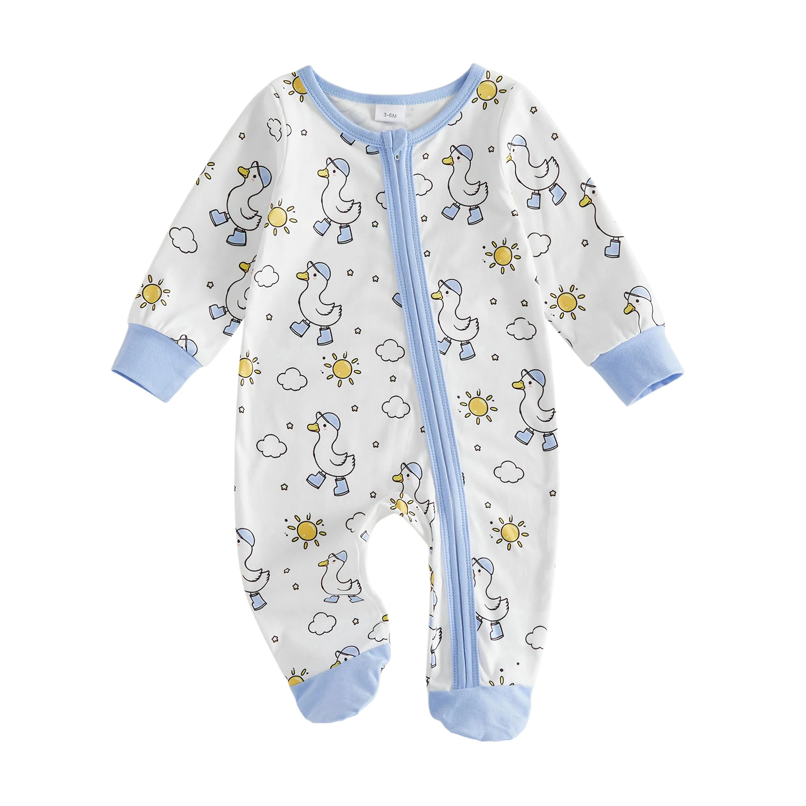 Infant Boy Footed Romper Long Sleeve Crew Neck Cute Duck Sun Print Jumpsuit