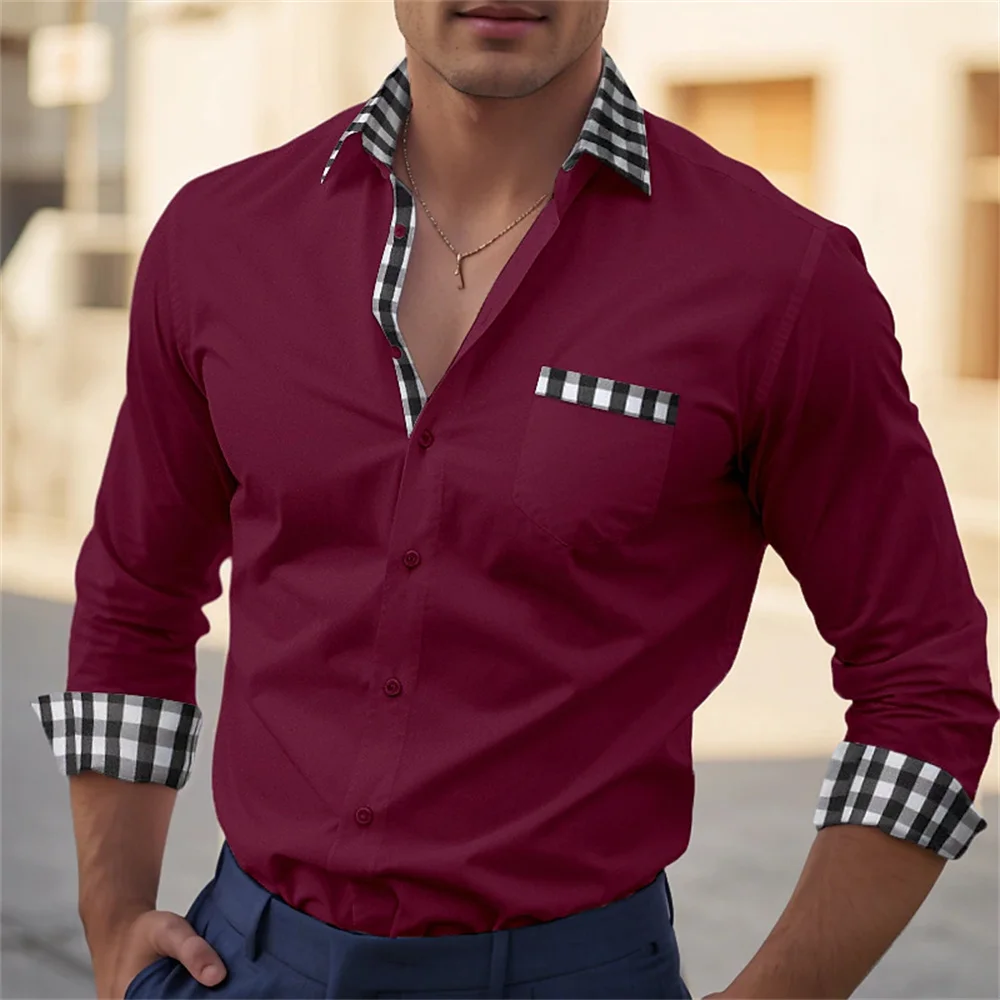 2024 New Business Casual Men\'s Button Up Shirt Solid Color Long sleeved Lapel Daily Vacation Pocket Comfortable Top Plus Size