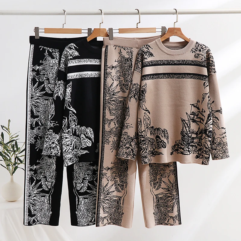 Elegant Loungewear 2 Piece Knit Pants Set Ink Floral Knit Sweater Matching Sets Women Casual Knitted Two Piece Sets Women 2024