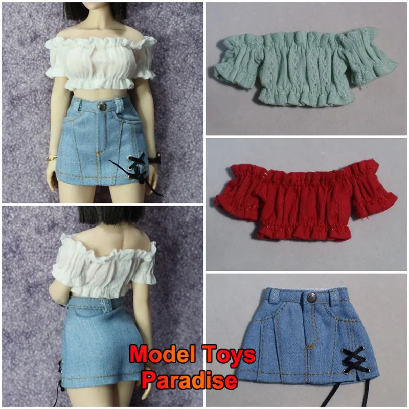 

1/6 Women Soldier Off Shoulder Bubble Pleated Short Sleeve Top Denim Slim Short Skirt Accessory Fit 12inch Action Figure Body