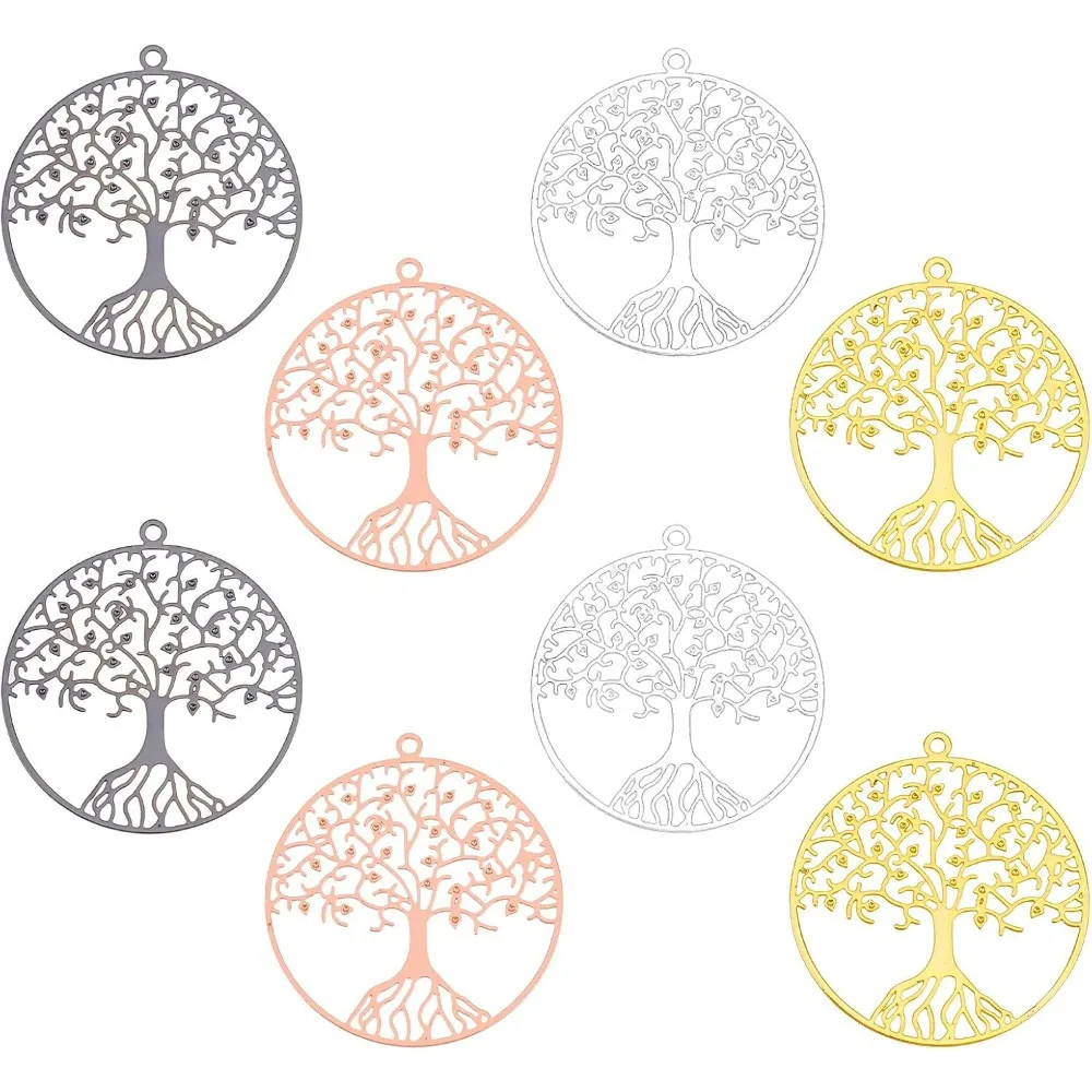 

8 Pcs 4 Colors Tree of Life Pendants Flat Round Filigree Brass Charms Metal Embellishments Pendants for DIY Necklace Earring