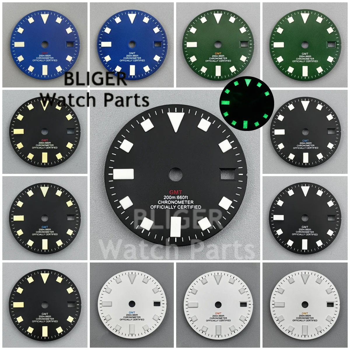 Custom Logo 29mm Watch Dial Retro Matte Black Blue Date Window Raise Mark Green Luminous For NH34 Automatic Modified Watch Parts