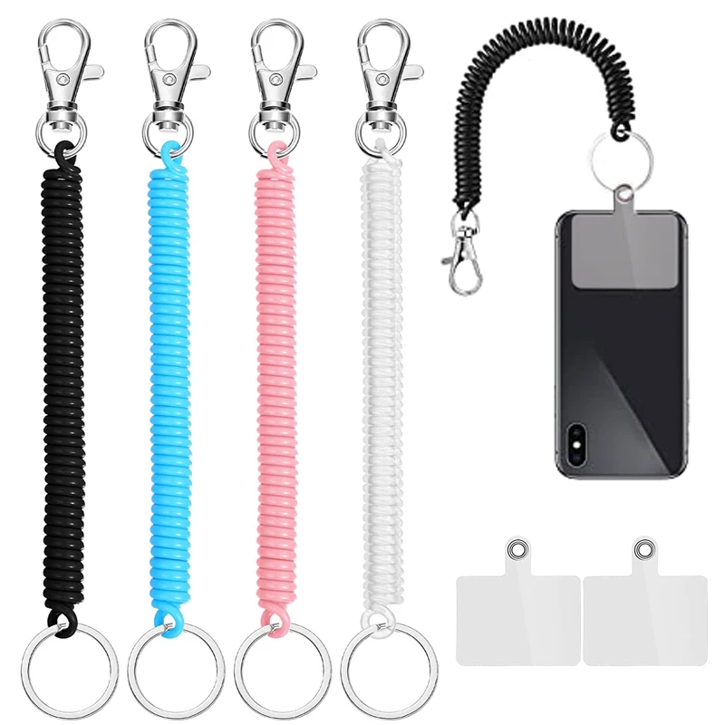 Mobile Phone Lanyard Cord Anti-Lost Holder Straps with Patch Spiral Elastic Spring Rope Keychain Key Ring Organizer Clasp Hook