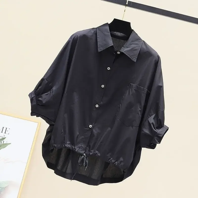 Batwing Short Sleeve Shirts Women Summer Loose Big Size Blouses Tops Casual Drawstring Cotton Camisas Korean Design Blusas New