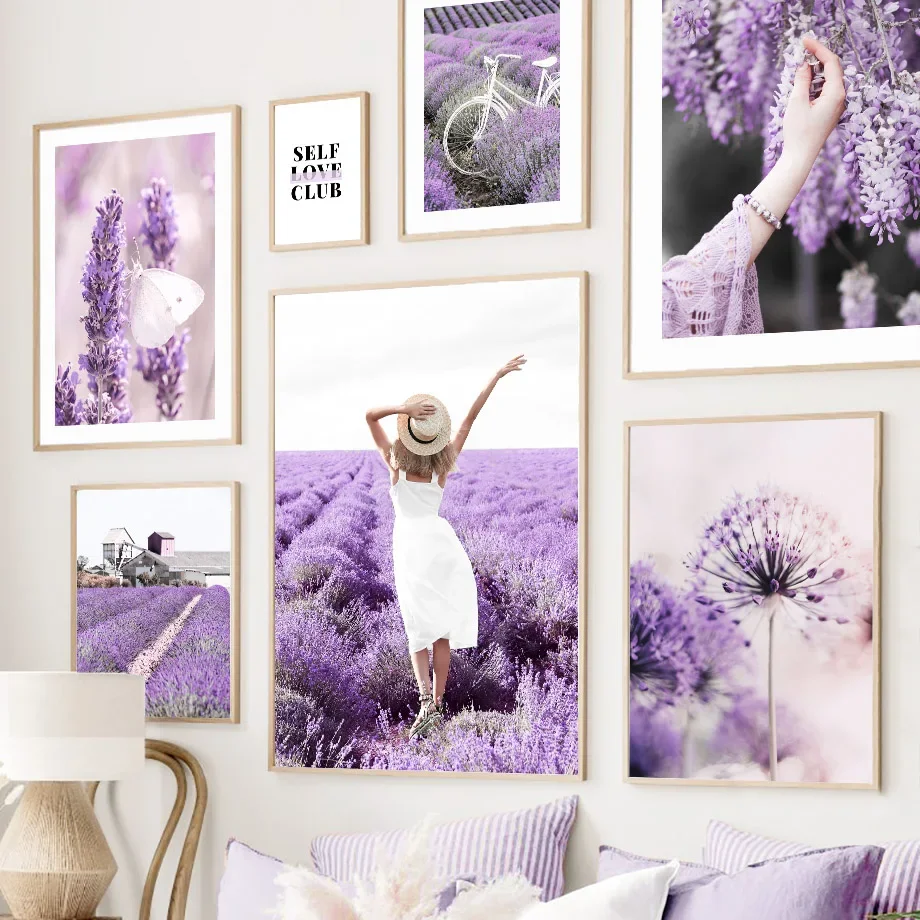 

Purple Lavender Butterfly Farmhouse Provence Rural Landscape Canvas Wall Art Decorative Poster Print for Living Room Decor