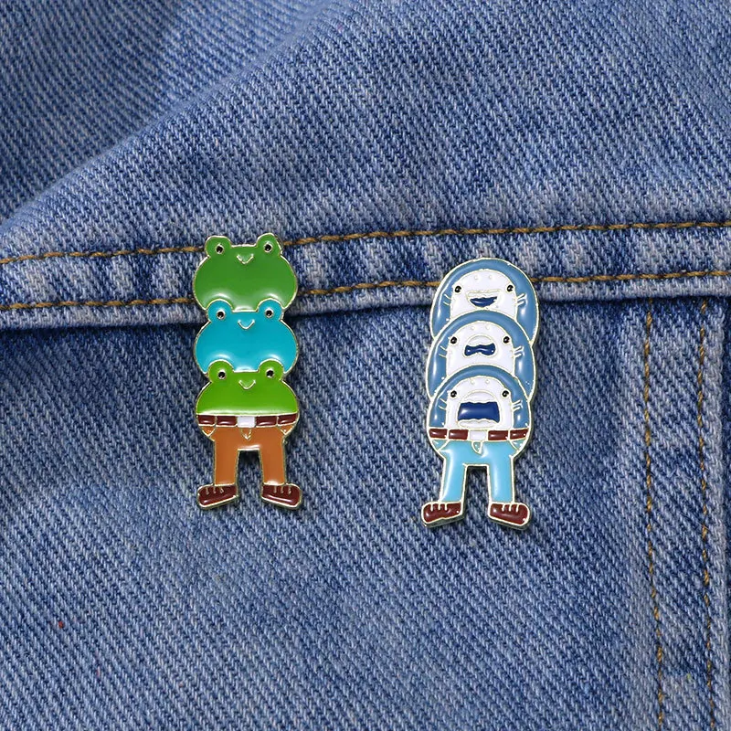 Cute cartoon animals, three frogs, brooch, funny design, shark, stacked high metal badge, backpack decoration