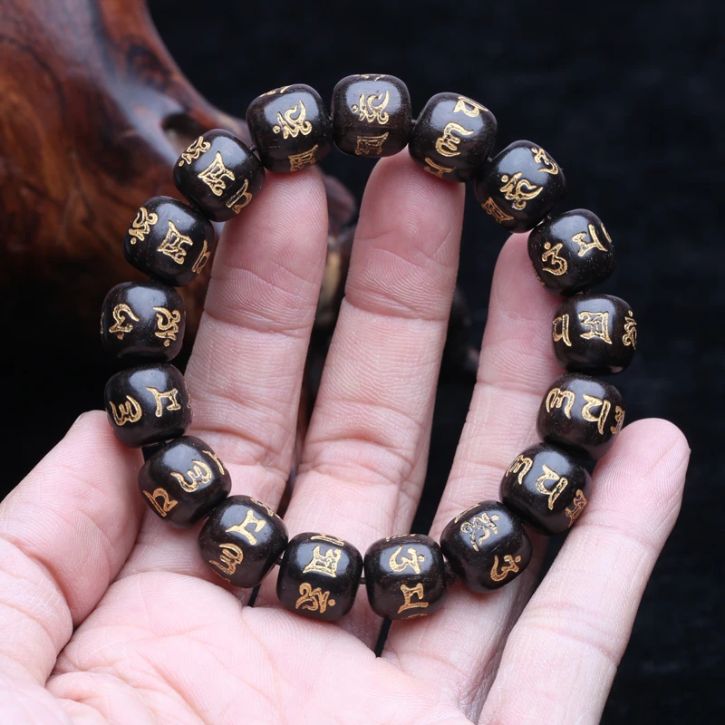 Ebony Bead Bracelet Buddhist Prayer Mala Beads 11-12mm Wrist Elastic Elastic Bracelet