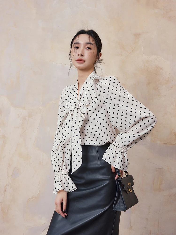 

Винтажная блузка Miss Neko в горошек с V-образным вырезом, длинными рукавами, элегантный французский стиль, прямой крой, из полиэфирного волокна