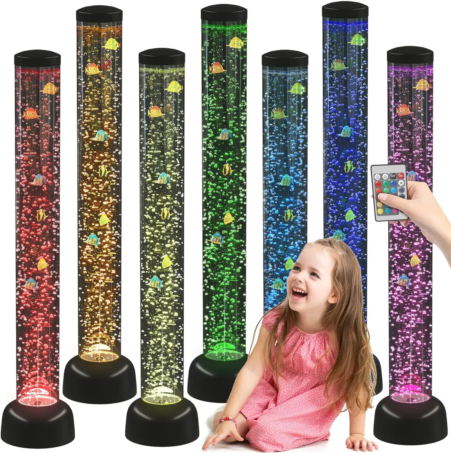 ylearn 3.3Ft Bubble Tube With Remote Control - 8 Fake Fish - Color Changing Led Lights - Sensory Bubble Lamp – Fake Fish