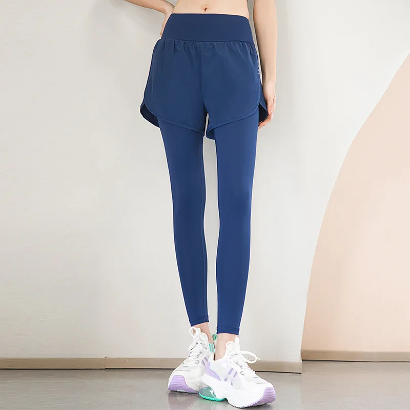 Mallas elásticas de cintura alta para mujer, pantalones de Yoga falsos de dos piezas con bolsillos, ropa deportiva para correr, ropa de Yoga para