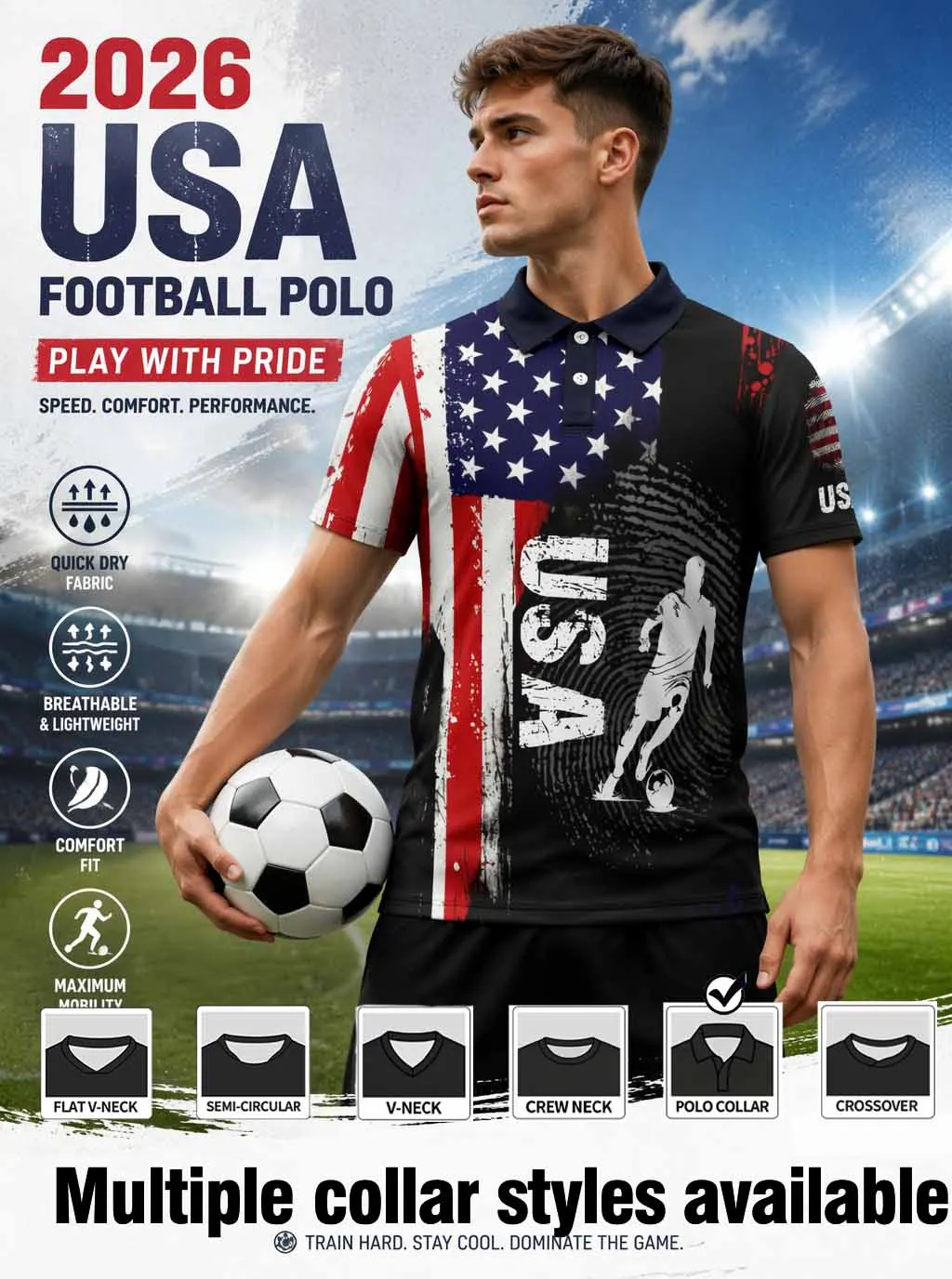 2026 American football polo shirt, featuring vintage American flag print and lightweight, quick drying sports fabric