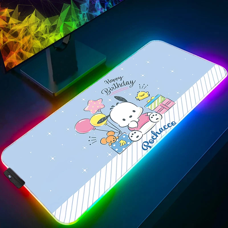 Grote muismat RGB Pochacco laptop pc gamer toetsenbord mat XXL muismat LED rand wit voor beste cadeau achtergrondverlichting rubberen tafelmat