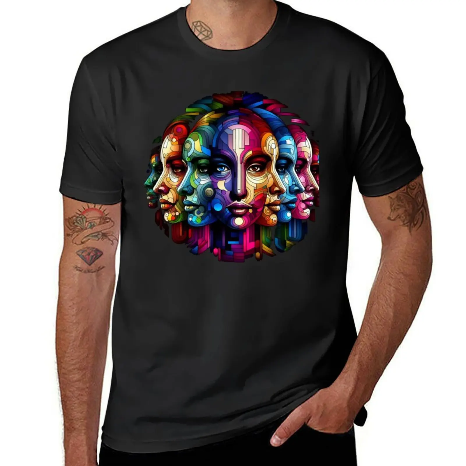 Cybernetic Canvas: Femme Futurism in Blue, Red, Purple, and Yellow Harmony T-Shirt plus sizes quick-drying mens t shirts pack